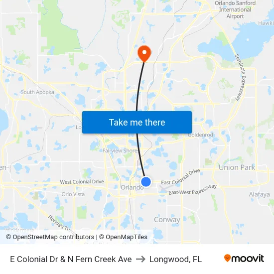 E Colonial Dr & N Fern Creek Ave to Longwood, FL map
