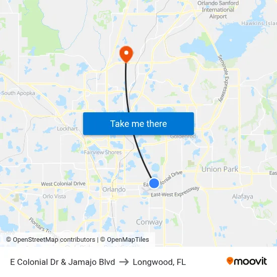 E Colonial Dr & Jamajo Blvd to Longwood, FL map