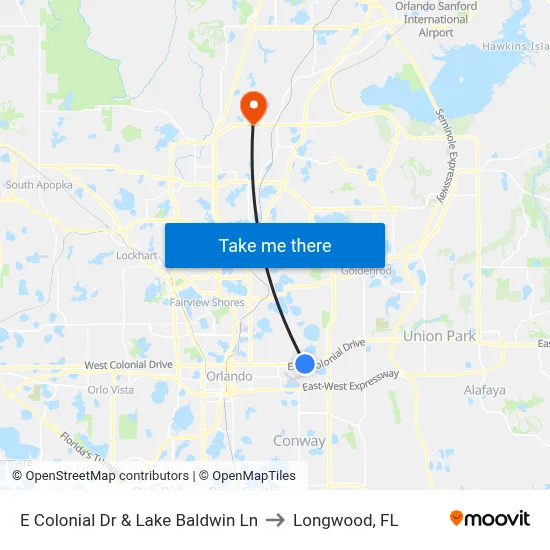 E Colonial Dr & Lake Baldwin Ln to Longwood, FL map