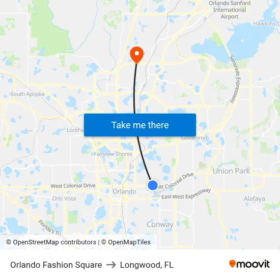 Orlando Fashion Square to Longwood, FL map