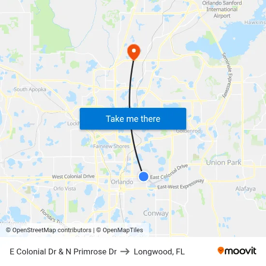 E Colonial Dr & N Primrose Dr to Longwood, FL map
