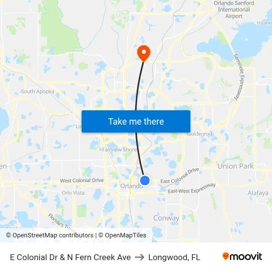E Colonial Dr & N Fern Creek Ave to Longwood, FL map