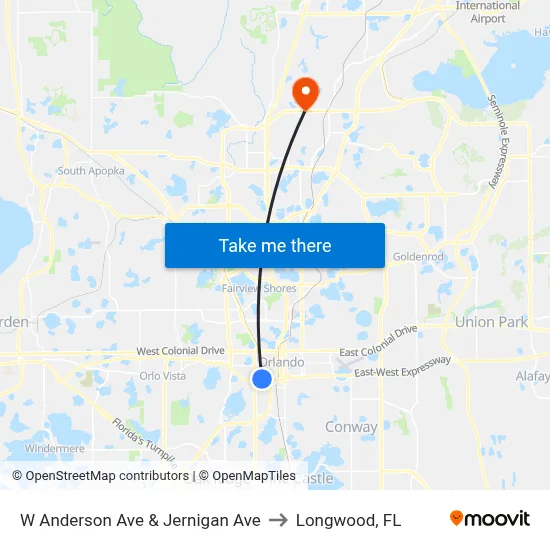 W Anderson Ave & Jernigan Ave to Longwood, FL map