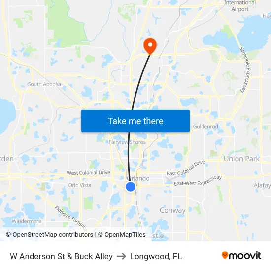 W Anderson St & Buck Alley to Longwood, FL map