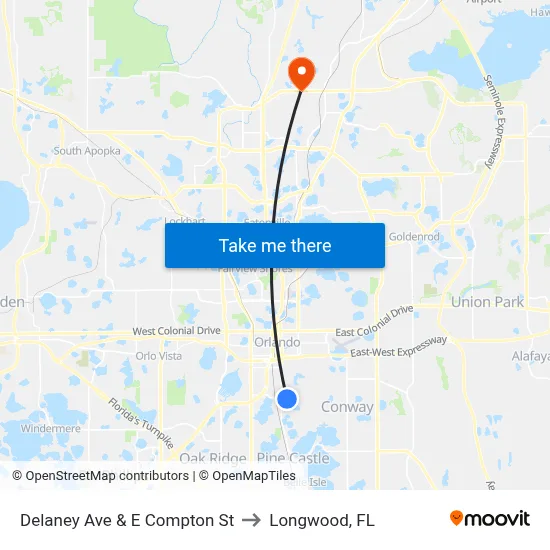 Delaney Ave & E Compton St to Longwood, FL map