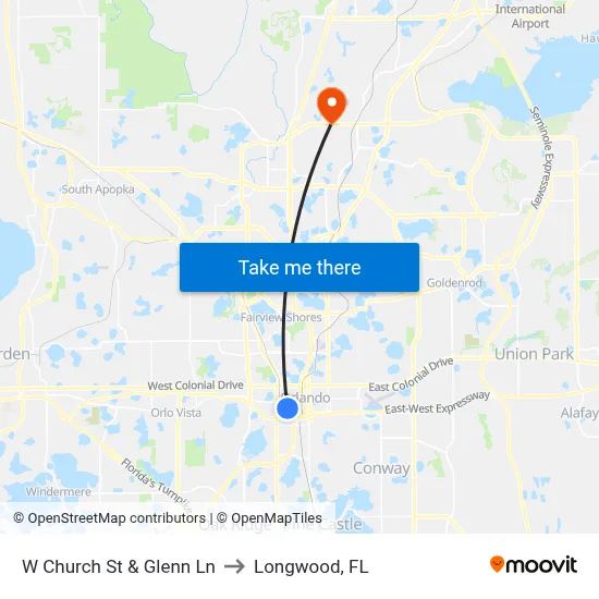 W Church St & Glenn Ln to Longwood, FL map