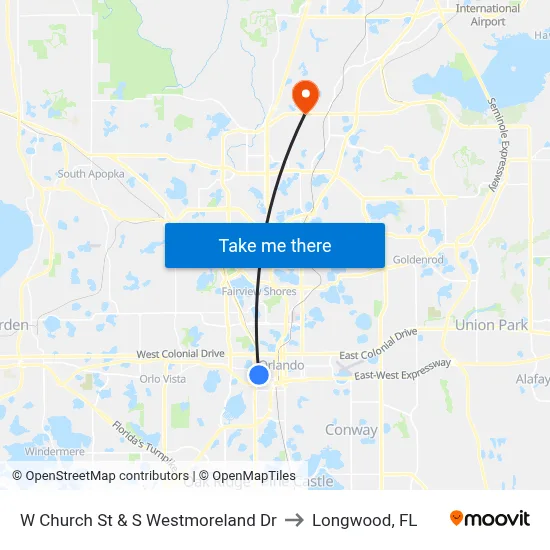 W Church St & S Westmoreland Dr to Longwood, FL map