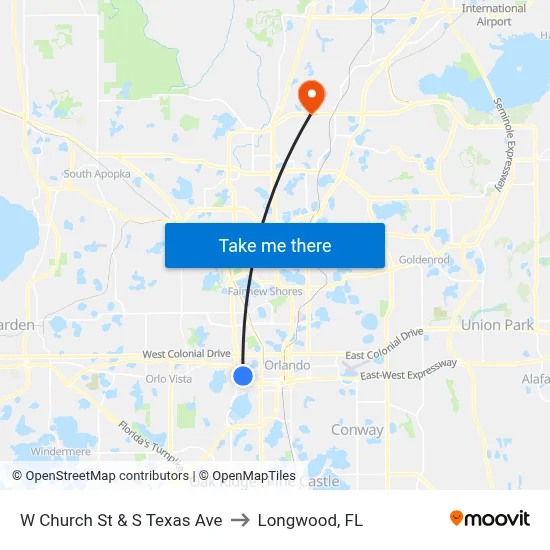 W Church St & S Texas Ave to Longwood, FL map