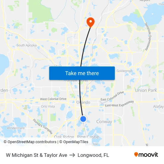 W Michigan St & Taylor Ave to Longwood, FL map