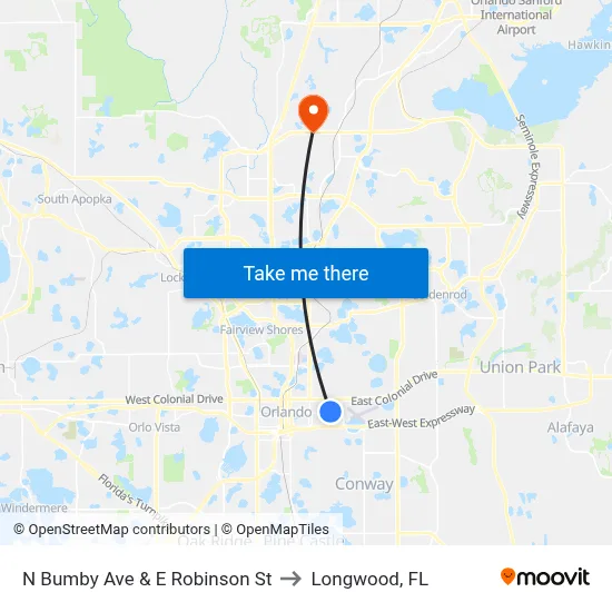 N Bumby Ave & E Robinson St to Longwood, FL map