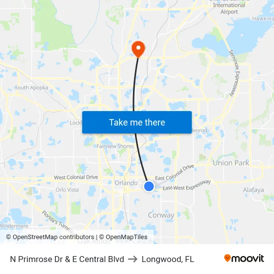 N Primrose Dr & E Central Blvd to Longwood, FL map