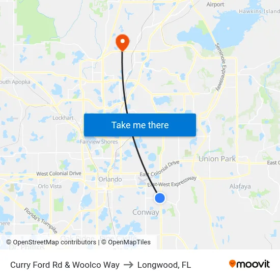 Curry Ford Rd & Woolco Way to Longwood, FL map
