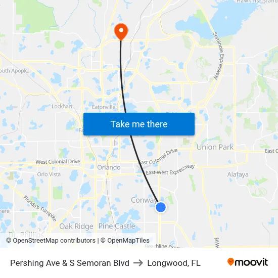 Pershing Ave & S Semoran Blvd to Longwood, FL map