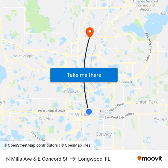 N Mills Ave & E Concord St to Longwood, FL map