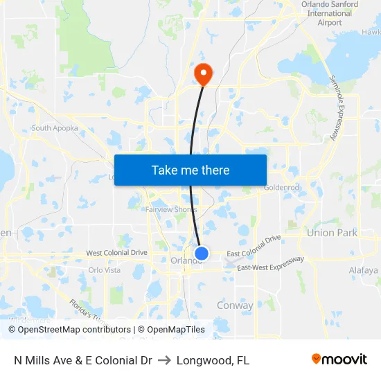N Mills Ave & E Colonial Dr to Longwood, FL map