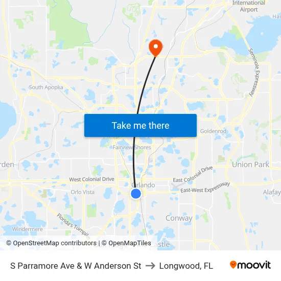 S Parramore Ave & W Anderson St to Longwood, FL map