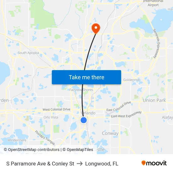 S Parramore Ave & Conley St to Longwood, FL map