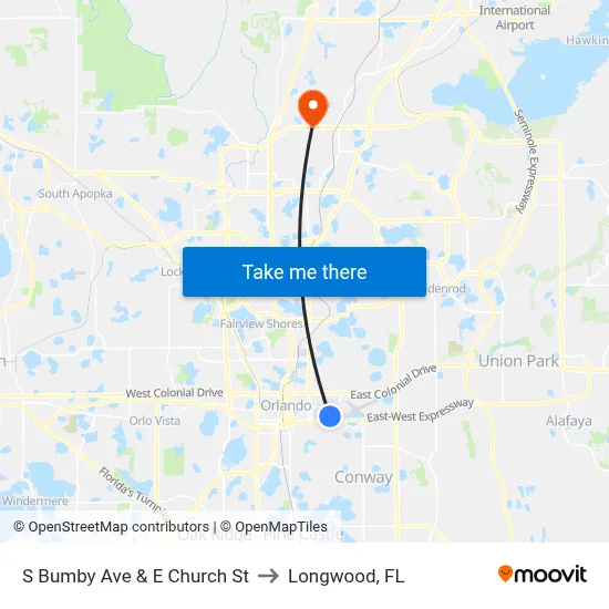S Bumby Ave & E Church St to Longwood, FL map