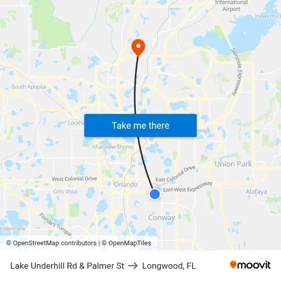 Lake Underhill Rd & Palmer St to Longwood, FL map