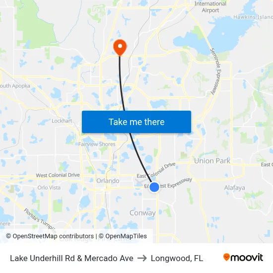 Lake Underhill Rd & Mercado Ave to Longwood, FL map