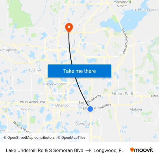 Lake Underhill Rd & S Semoran Blvd to Longwood, FL map