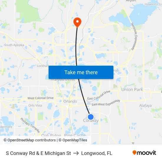 S Conway Rd & E Michigan St to Longwood, FL map
