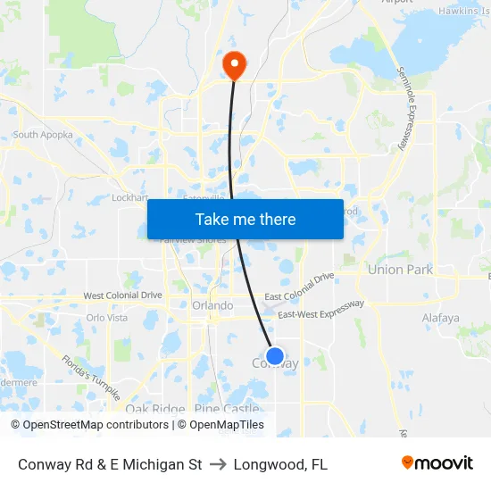 Conway Rd & E Michigan St to Longwood, FL map