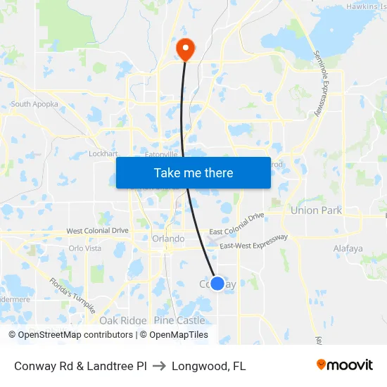 Conway Rd & Landtree Pl to Longwood, FL map