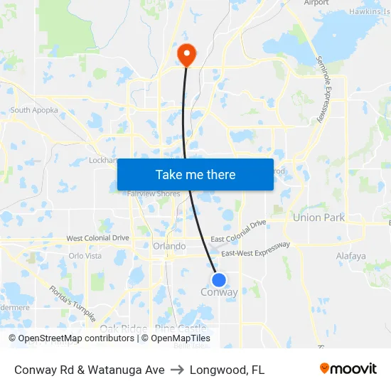 Conway Rd & Watanuga Ave to Longwood, FL map