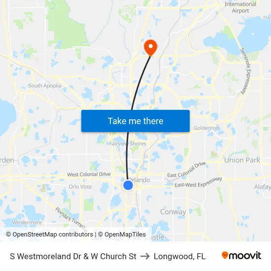 S Westmoreland Dr & W Church St to Longwood, FL map