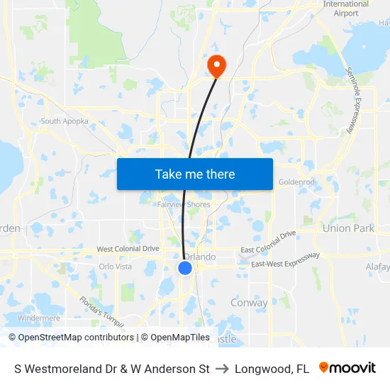 S Westmoreland Dr & W Anderson St to Longwood, FL map