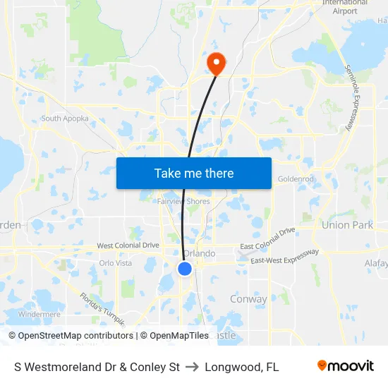 S Westmoreland Dr & Conley St to Longwood, FL map
