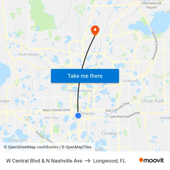 W Central Blvd & N Nashville Ave to Longwood, FL map