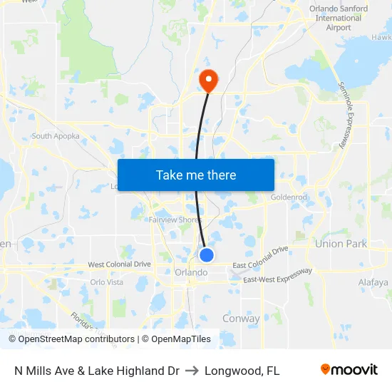 N Mills Ave & Lake Highland Dr to Longwood, FL map