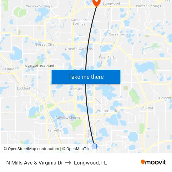 N Mills Ave & Virginia Dr to Longwood, FL map