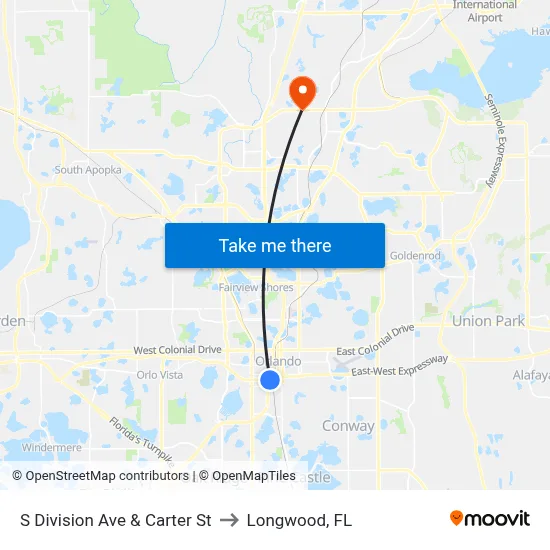 S Division Ave & Carter St to Longwood, FL map