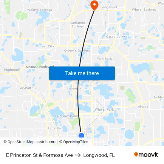 E Princeton St & Formosa Ave to Longwood, FL map