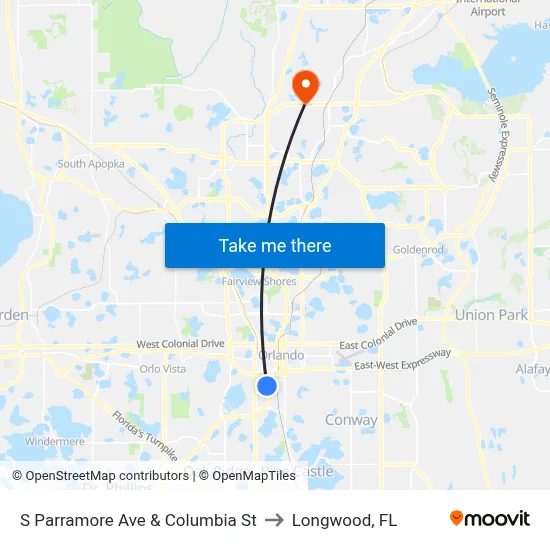 S Parramore Ave & Columbia St to Longwood, FL map
