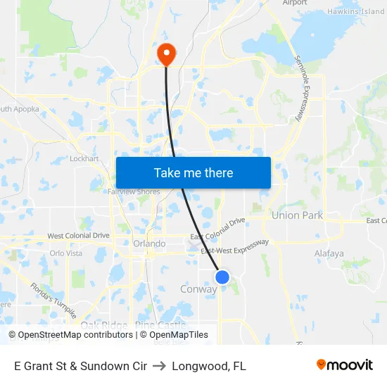 E Grant St & Sundown Cir to Longwood, FL map