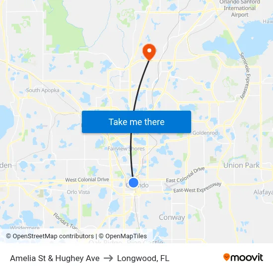 Amelia St & Hughey Ave to Longwood, FL map