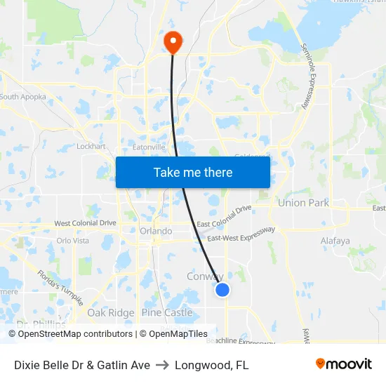 Dixie Belle Dr & Gatlin Ave to Longwood, FL map