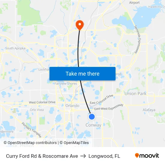 Curry Ford Rd & Roscomare Ave to Longwood, FL map