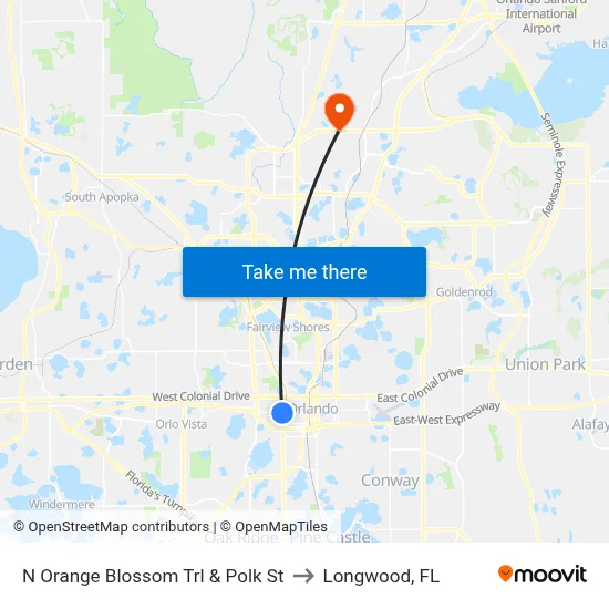 N Orange Blossom Trl & Polk St to Longwood, FL map