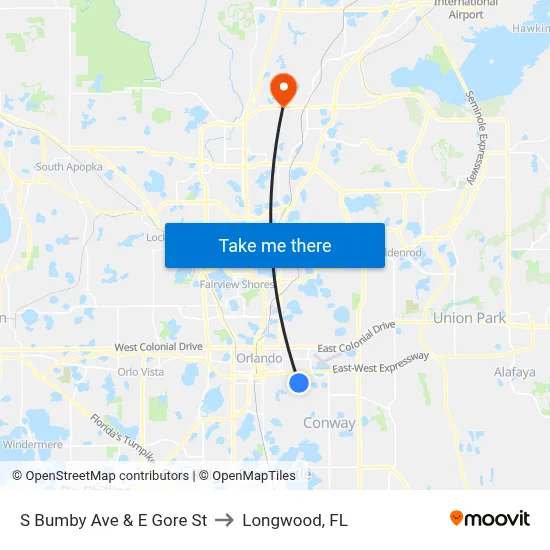 S Bumby Ave & E Gore St to Longwood, FL map