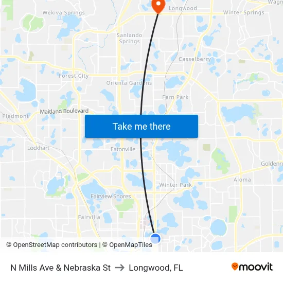 N Mills Ave & Nebraska St to Longwood, FL map