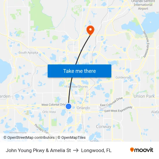John Young Pkwy & Amelia St to Longwood, FL map