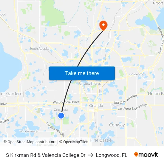 S Kirkman Rd & Valencia College Dr to Longwood, FL map