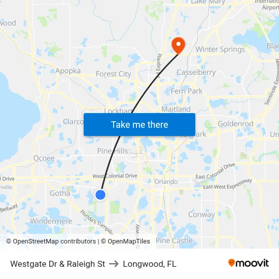 Westgate Dr & Raleigh St to Longwood, FL map