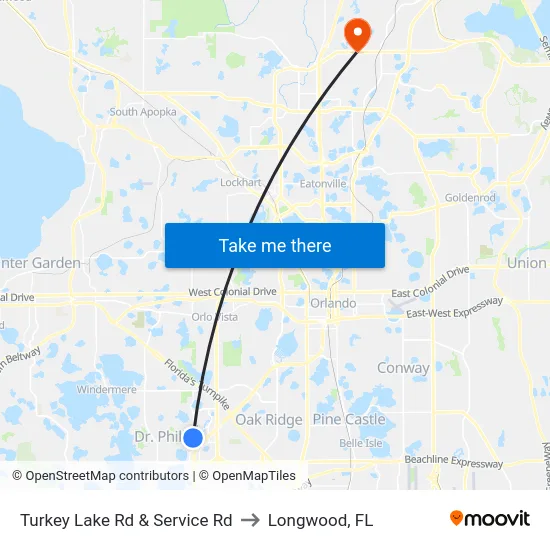 Turkey Lake Rd & Service Rd to Longwood, FL map
