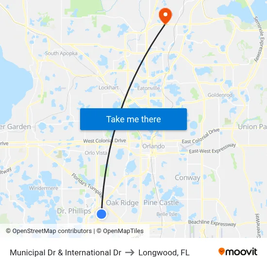 Municipal Dr & International Dr to Longwood, FL map